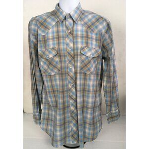 Gibson Trading Co Pearl Snap Shirt Men Size L Blue Tan White Plaid Pockets
